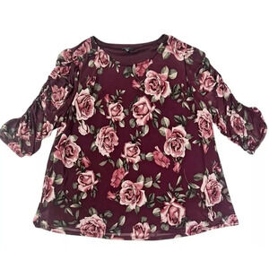 Cocomo Top Women 2X Red Round Neck Floral Pullover Stretch Roses Feminine Ruched